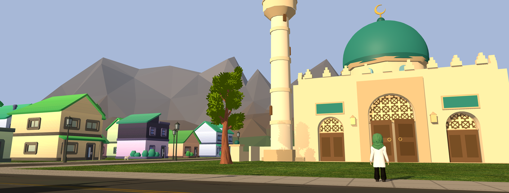 The masjid seen from across the road, with the town around it