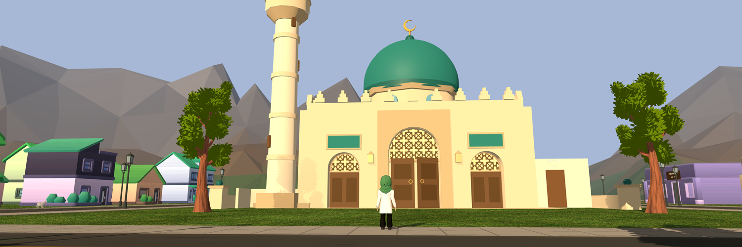 A girl standing on the pavement outside the masjid in the evening